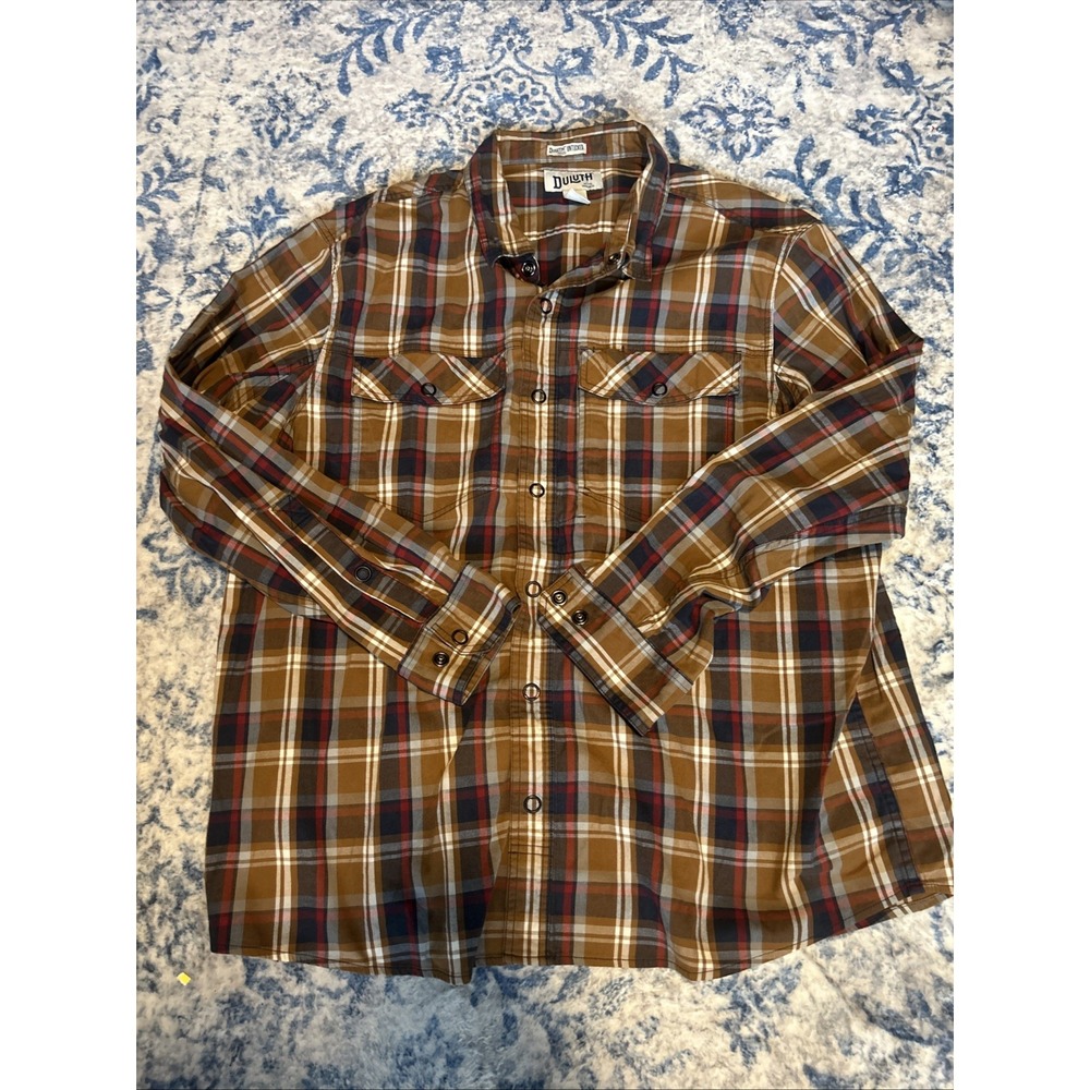 Duluth Trading Co Mens 2XL Relaxed Fit Plaid Long Sleeve Snap Shirt Untucked